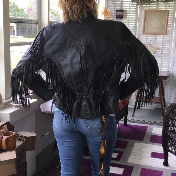 VINTAGE BLACK LEATHER WITH FRINGE - Picture 2 of 8